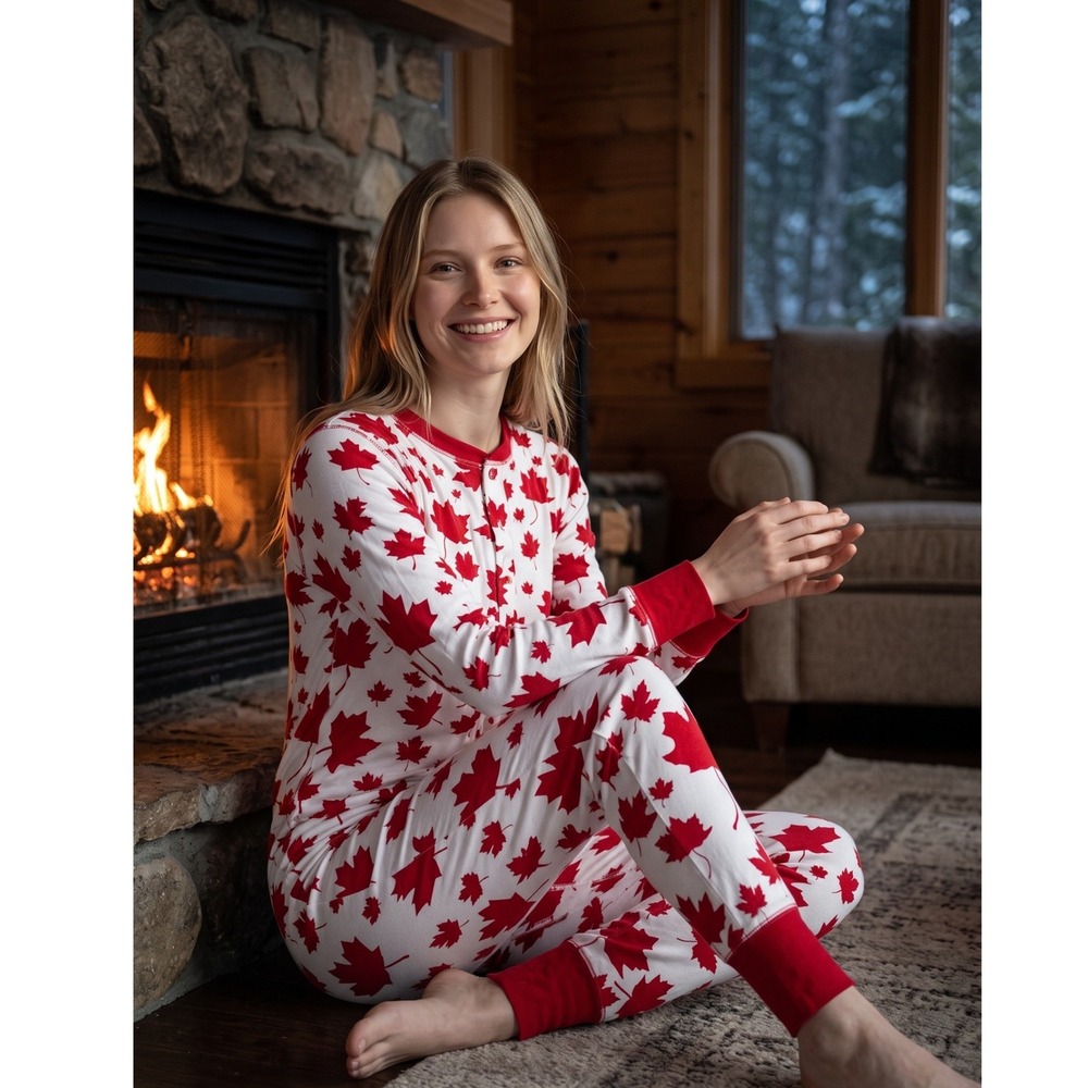 Little Blue House Red Maple Leaf Union Suit Henley Pajamas Large Butt Buttons